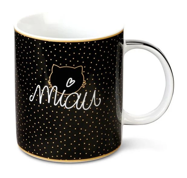 Nici 44013 Tasse MIAU Katze Schwarz Goldene Punkte 8x9,5 Cm Porzellan